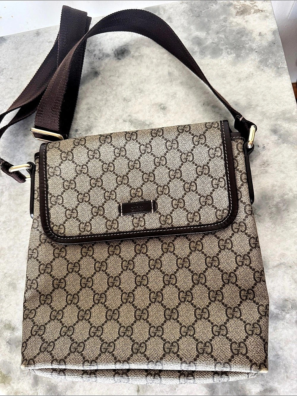 Gucci GG Monogram Canvas Flap Messenger Bag Brown